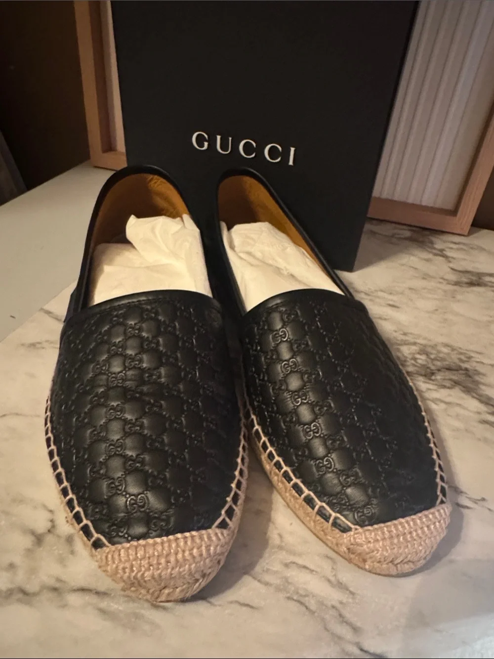 Gucci Black Leather Espadrille Slip-On Mules